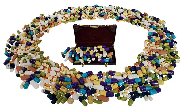 Cartella Pelle Utilizzata Trasportare Cose Durante Gli Affari Circondata Pillole — Foto Stock