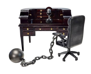 Antique podcast content creation with microphone desk and chair with ball and chain clipart