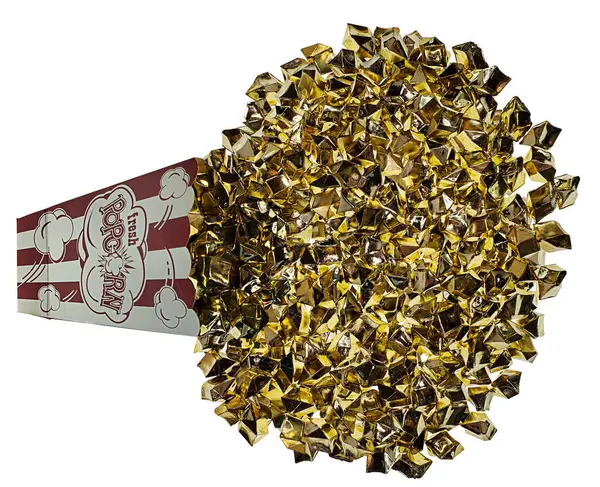 Rozsypane Pudełko Popcornu Złotymi Bryłkami Stole Obrazek Stockowy