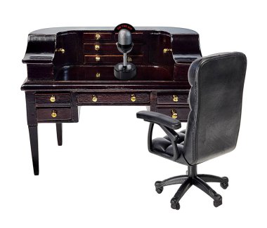 Antique podcast setup with microphone desk and chair clipart