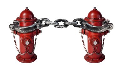 Red fire hydrants used by firemen shackled together clipart