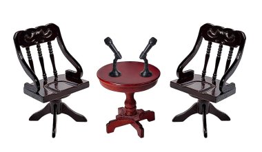 Podcast interview with microphone table and chairs clipart
