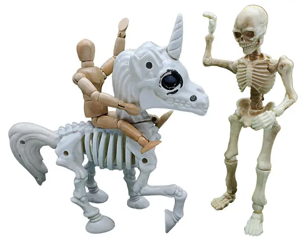 Gamin Chevauchant Squelette Licorne Donnant High Five Squelette Images De Stock Libres De Droits