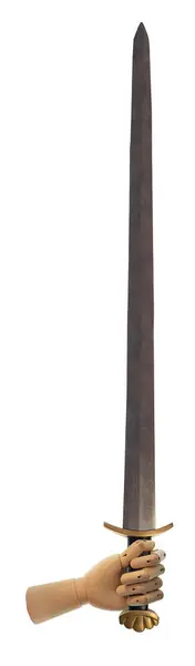 敵に対する防衛に使用される金属の長剣を保持する木製の手 ストックフォト