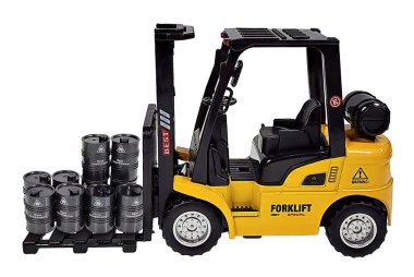A yellow forklift for moving large objects like steel drums of caustic substances clipart