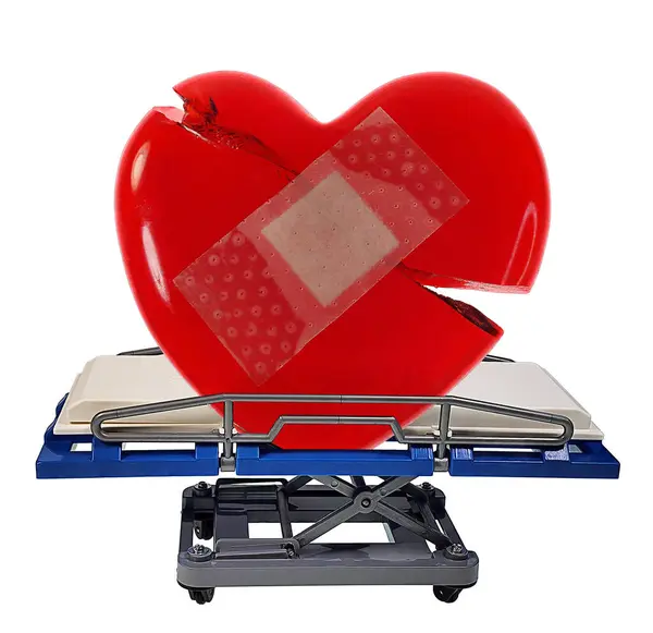 Κόκκινη Ραγισμένη Καρδιά Επίδεσμο Ένα Κρεβάτι Νοσοκομείου Για Μεταφορά Και Royalty Free Εικόνες Αρχείου