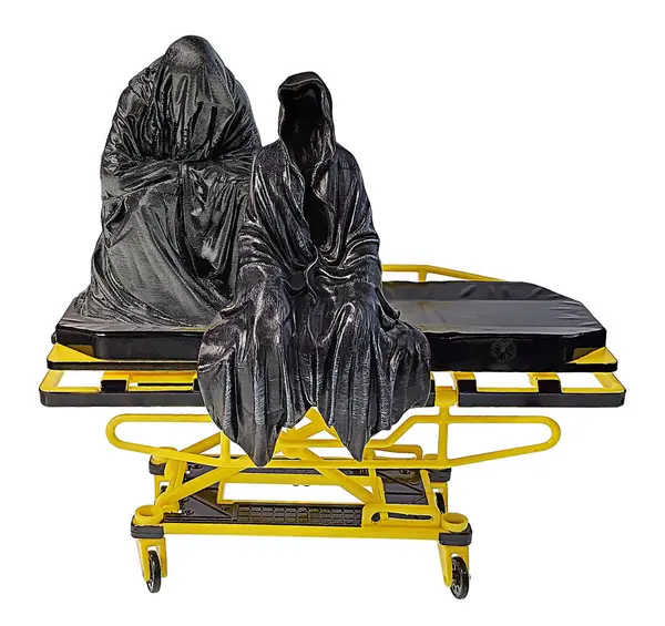 Impersonificazione Della Morte Come Due Figure Attesa Una Barella Ospedale Foto Stock