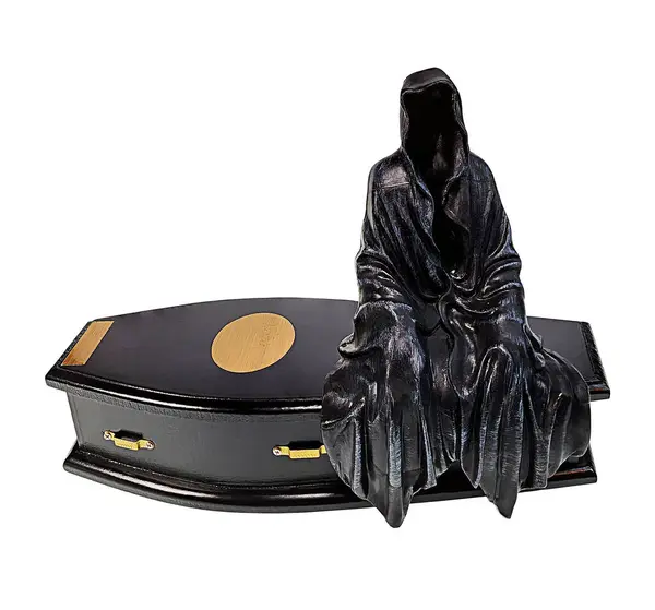 Impersonation Death Figure Sitting Black Coffin Stock Picture