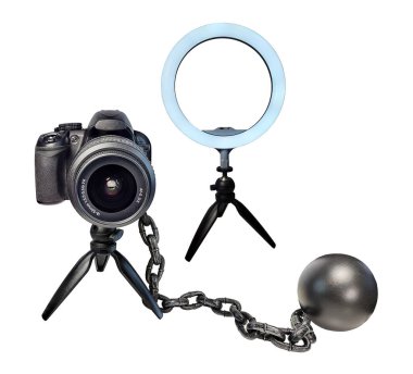 A camera tripod stand holding a camera with a beauty light and ball and chain to show the need to always have good podcast content clipart