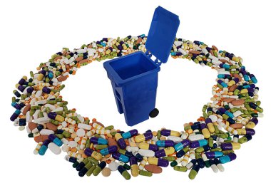 A large blue recycle bin for recycling items such as medication clipart