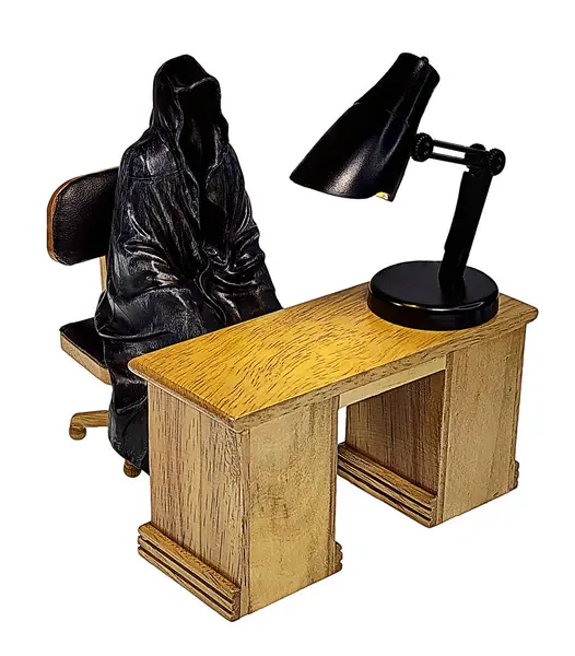 Impersonation Death Figure Sitting His Desk Lamp Fotos De Stock