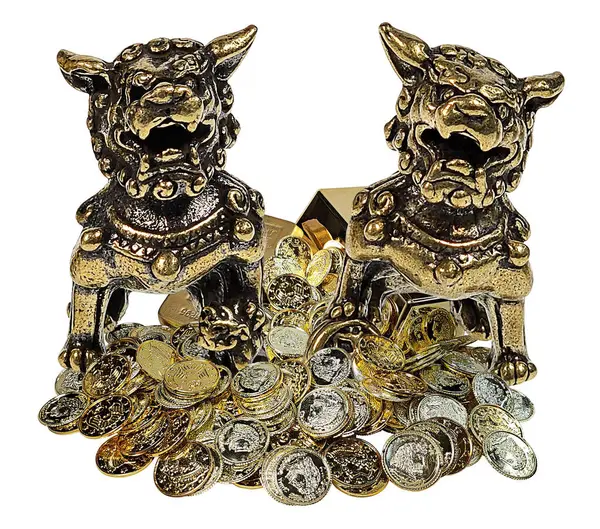 Front View Female Male Foo Dog Side Side Pile Gold Stock Photo