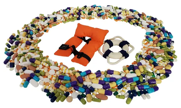 Life Preservver Life Jacket Omgeven Door Pillen Voor Drugsverslaving Ondersteuning Stockfoto