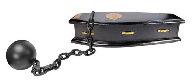 Side View of a Black Wooden Coffin Used to Bury People Who Have Passed with ball and chain to show survival issues after death clipart