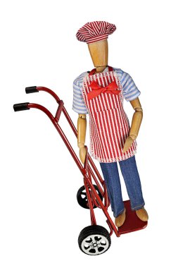 A red handtruck carting a Chef to show opening a new restaurant clipart