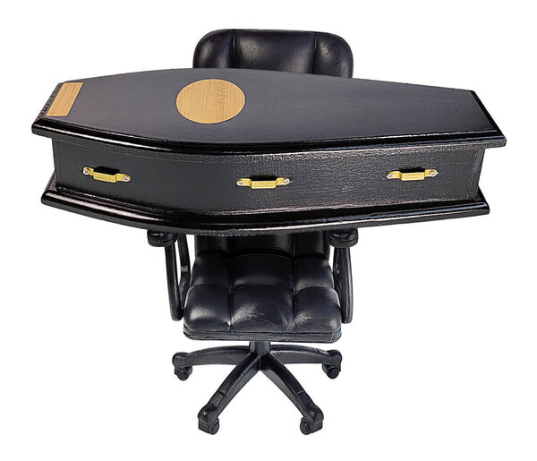 Executive office chair with arm rests front view for sitting with a black coffin to represent when a business is dying