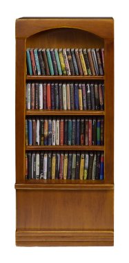 Tahta kaplı, çeşitli kitaplarla dolu bir kitaplık.