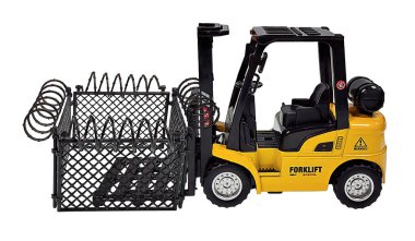 A yellow forklift for moving large objects with a prison yard to show when prisoners are transferred or moved clipart