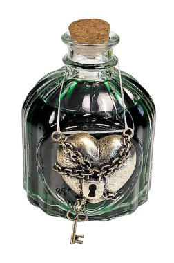 Isı ve anahtar sembollü bir şişede renkli sihirli bir iksir.