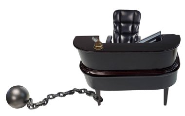 Service reception Desk with computer and service bell and ball and chain clipart