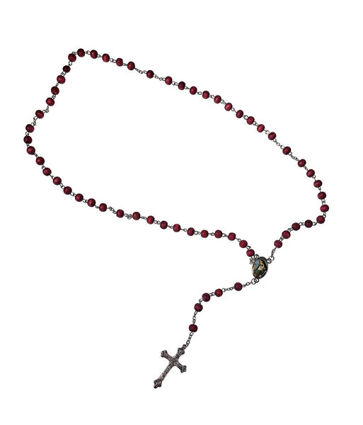 A red beaded rosary for marking prayers