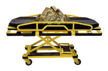 Hospital Medical Gurney for Transporting Patients in black and yellow and pile of gold to show hospital costs clipart