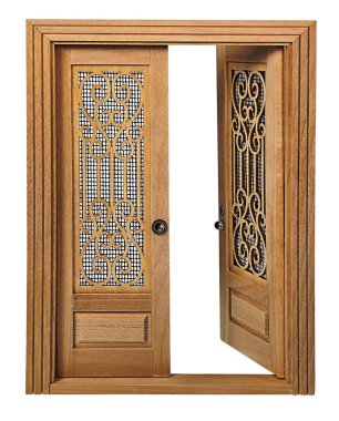 Fancy Wooden door to separate rooms with scrolled inserts with open door clipart