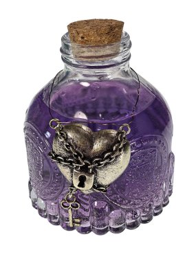 Kalp sembollü bir şişede renkli sihirli bir iksir.