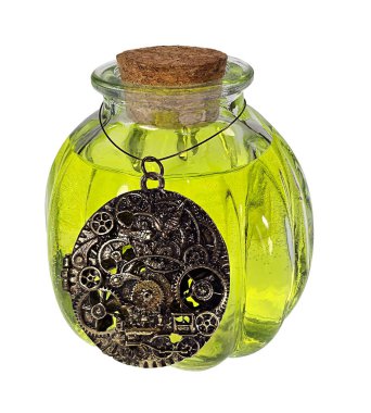 Renkli sihirli bir iksir, içinde Steampunk sembolleri olan bir şişe.