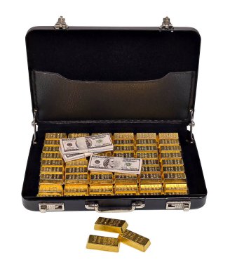 Altın külçeleri ve para yığınlarıyla dolu bir iş sırasında bir şeyler taşımak için kullanılan açık deri evrak çantası. Fotoğraflarımın birleşimi, yapay zeka ürünü değil..