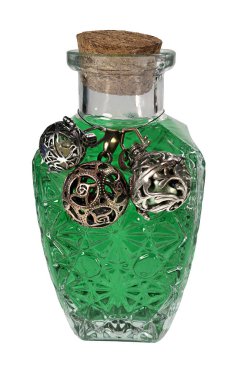 İçinde çeşitli semboller olan renkli sihirli bir iksir. Fotoğraflarımın kombinasyonu. Yapay zeka ürünü değil..