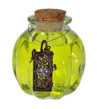 İçinde Steampunk sembolleri olan renkli sihirli bir iksir. Fotoğraflarımın kombinasyonu. Yapay zeka değil..