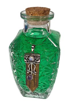 İçinde semboller olan renkli sihirli bir iksir.