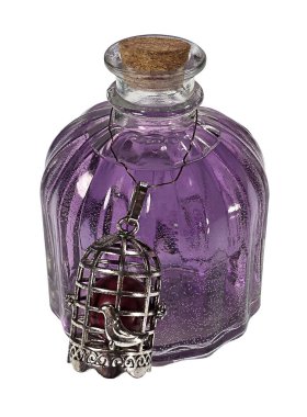 Şişede kuş kafesiyle renkli sihirli bir iksir.