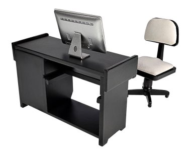 Arkasında bilgisayar olan ahşap ofis masası - Fotoğraflarımın kombinasyonu - Yapay zeka değil.