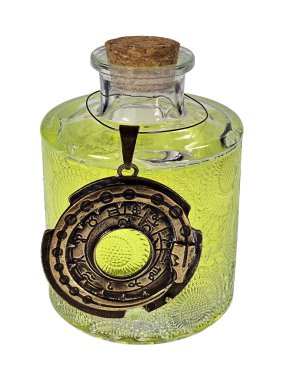 İçinde çeşitli semboller olan renkli sihirli bir iksir. Fotoğraflarımın kombinasyonu. Yapay zeka ürünü değil..