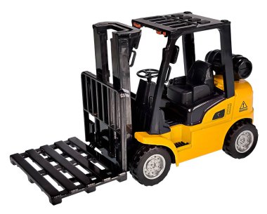 Büyük nesneleri taşımak için sarı bir forklift sol çeyrek görünüm kaldıracı
