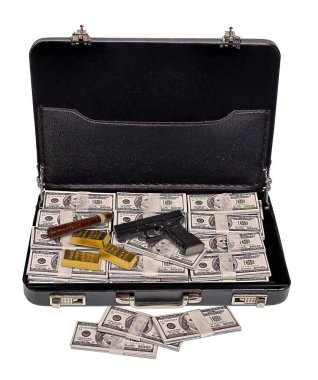 Para ve altınla dolu bir iş sırasında yanında puro ve silah taşıyan bir kredi kartı okuyucusuyla bir şeyler taşımak için kullanılan açık deri evrak çantası.
