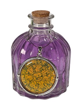 Göksel sembollerle dolu şişede renkli sihirli bir iksir.