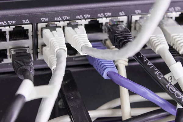 Backside Server Rack Patch Cable Connected Switch Panel — Stock Photo, Image