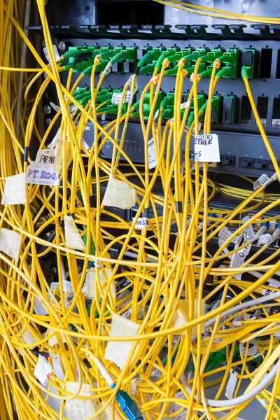 Fiber Optic Cables Plugged Network Switch Panel Data Center — Stock Photo, Image