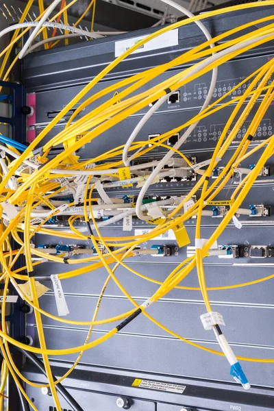Yellow Fiber Optic Cables Plugged Network Switch — Stock Photo, Image