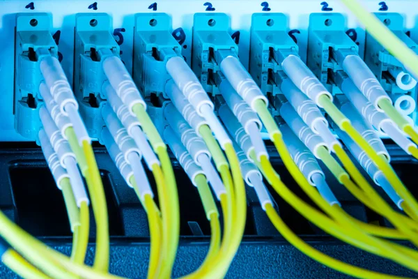 Glasfaserkabel Netzwerk Switch Panel Rechenzentrum Eingesteckt — Stockfoto