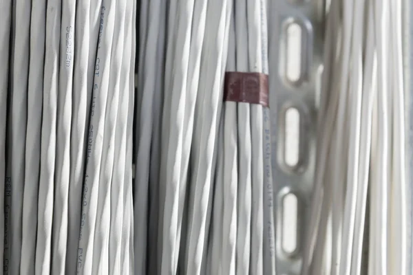 Dettaglio Gran Numero Cavi Ethernet Collegati Tra Loro Collegando Rack — Foto Stock