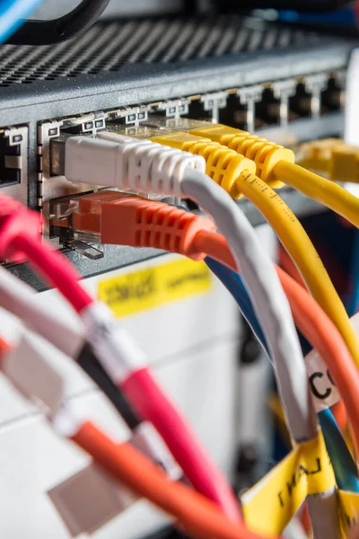 Szczegóły Dotyczące Serwera Kablami Łatkowymi Podłączonymi Portów Ethernet — Zdjęcie stockowe