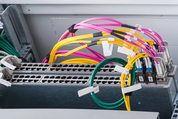 Optické Kabely Připojené Optickým Portům Síťové Kabely Připojené Ethernetovým Portům — Stock fotografie