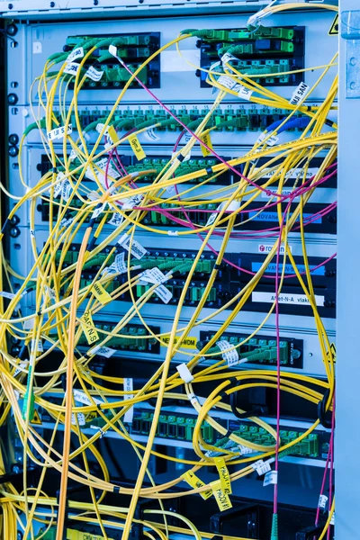 Sunucu Rafına Bağlı Sarı Fiber Optik Kabloların Yakın Plan Görüntüsü — Stok fotoğraf