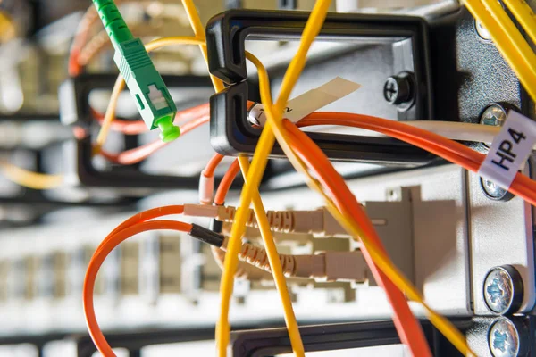 Panel Anahtar Portlarına Fiber Optik Kablolar Eklenmiş Sunucu Rafının Ayrıntıları — Stok fotoğraf