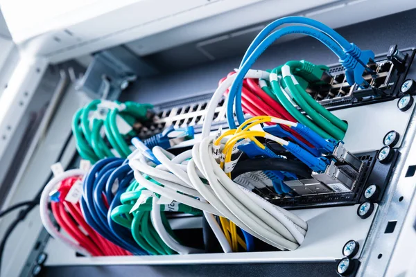 Fiber Optik Kablolar Optik Portlara Bağlandı Ethernet Portlarına Bağlı Kabloları — Stok fotoğraf