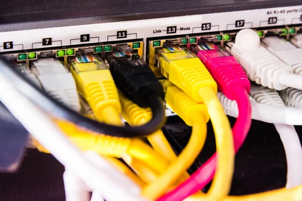 Kolorowe Kable Łatkowe Podłączone Przełącznika Koncepcja Szybkiego Internetu — Zdjęcie stockowe